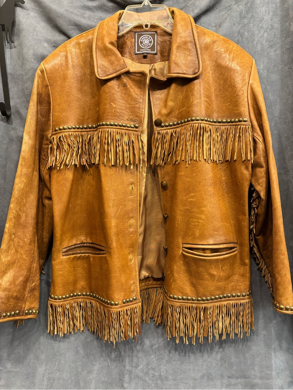 Medium Double D Ranch Tan Fringe Studded Western Cowgirl Leather Jacket